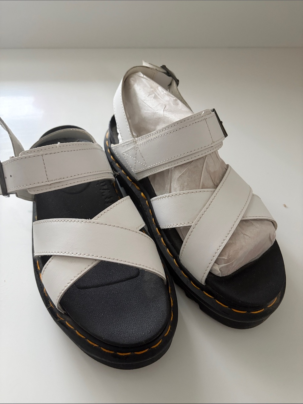Dr. Martens White Leather Cross-Strap Platform Sandals